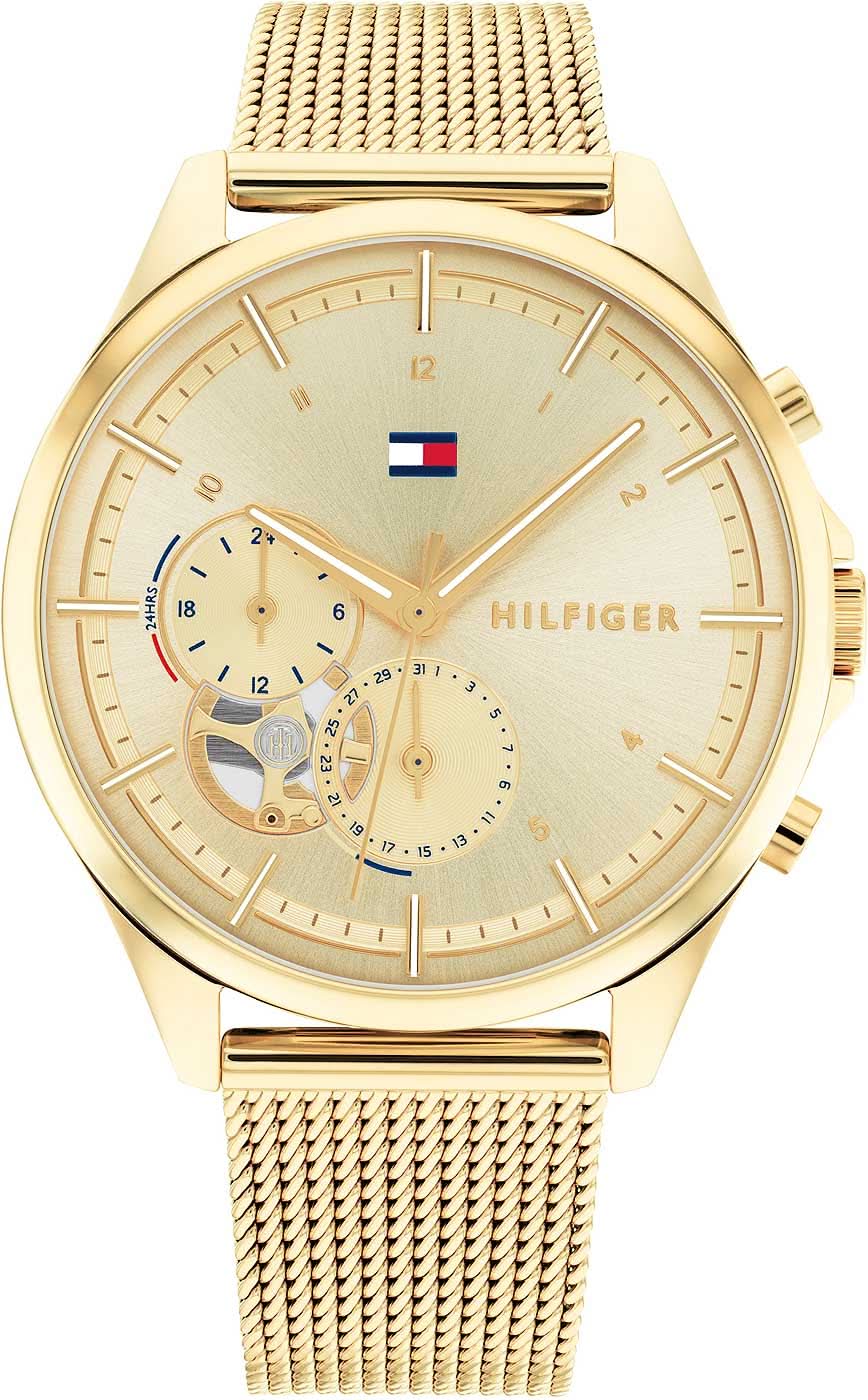 Tommy Hilfiger damklocka med guldfärgat meshband, creme urtavla och två chrono-suburtavlor