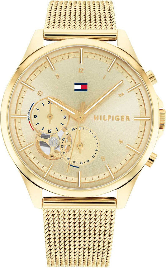 Tommy Hilfiger damklocka med guldfärgat meshband, creme urtavla och två chrono-suburtavlor