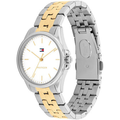 Tommy Hilfiger Jade Uhr mit weißem Zifferblatt, goldfarbenen Akzenten und Faltschließe
