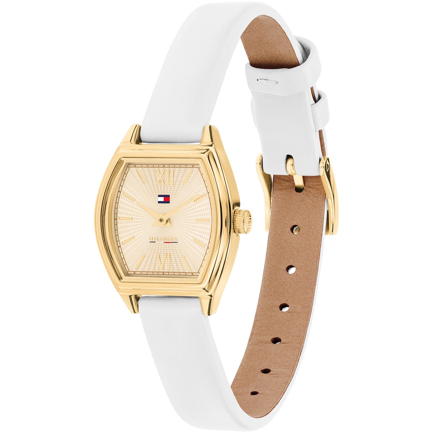 Tommy Hilfiger Norah Damenuhr mit weißem Lederband, goldfarbenem Gehäuse und Dornschließe