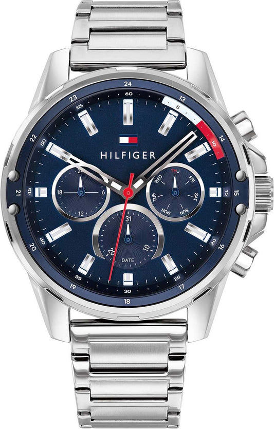 Tommy Hilfiger herrklocka med silverfärgat armband i rostfritt stål, blå urtavla och kronografdesign