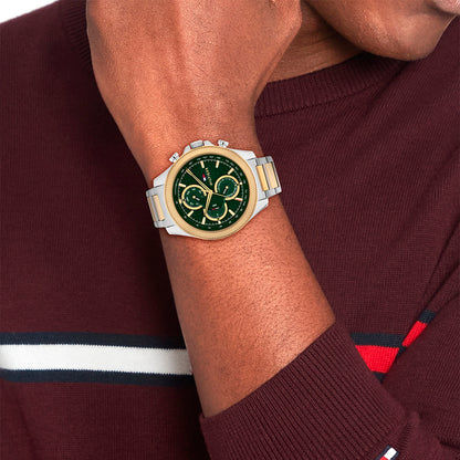 Tommy Hilfiger Bicolor Herrenuhr am Handgelenk mit grünem Zifferblatt und Datum