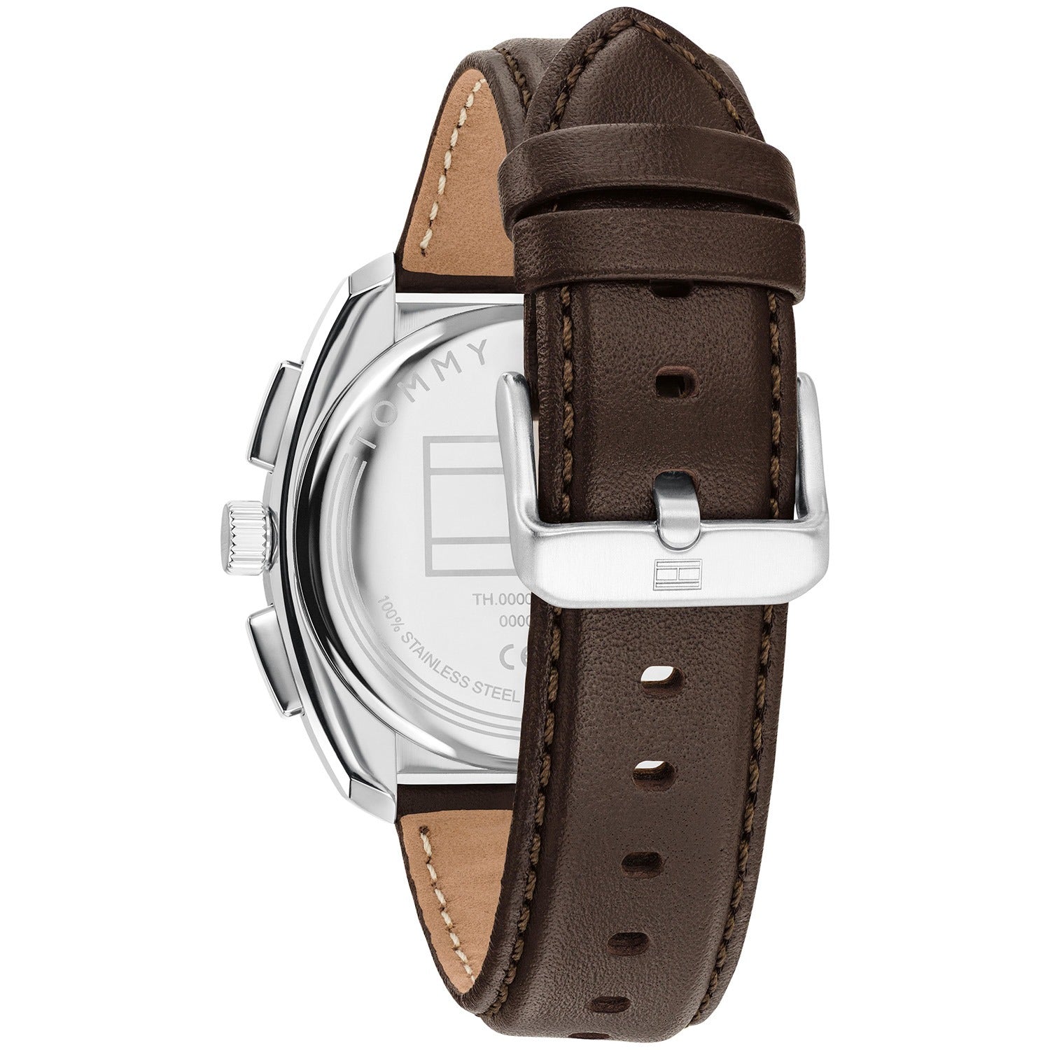 Herren-Chronograph Seitenansicht mit braunem perforiertem Lederarmband und Dornschließe