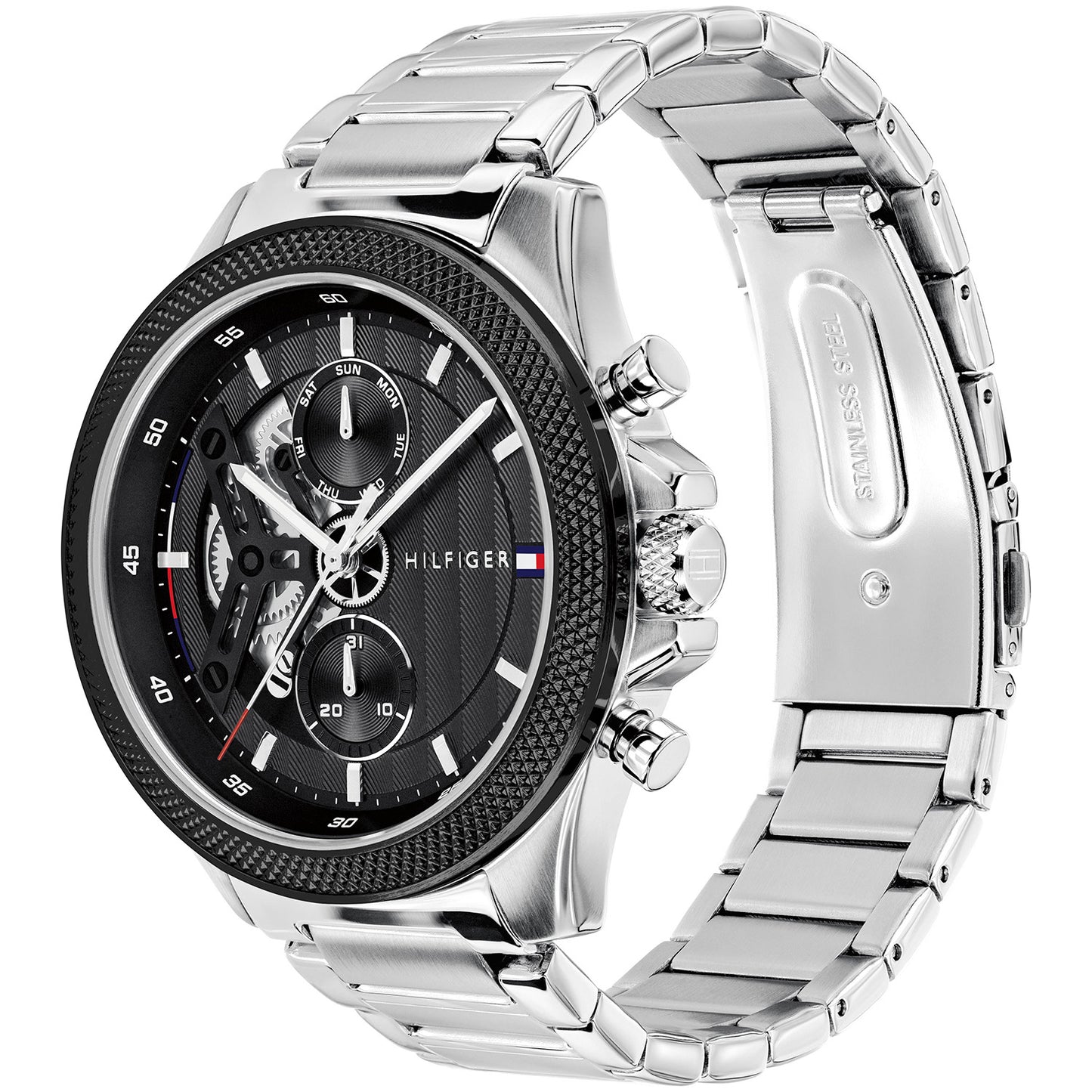 Tommy Hilfiger Herrenarmbanduhr seitlich, schwarzes Zifferblatt, Edelstahlgliederarmband