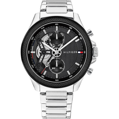Tommy Hilfiger Herrenarmbanduhr mit schwarzem Zifferblatt und Edelstahlarmband