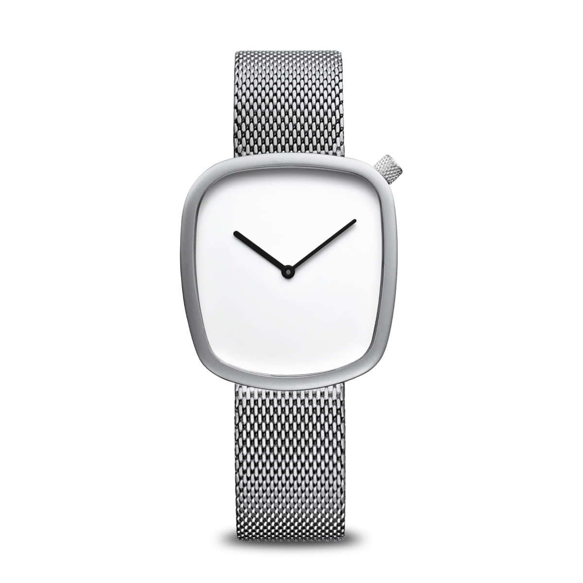 Damenuhr mit eckigem silbernem Gehäuse, weißem Zifferblatt und Edelstahl-Meshband