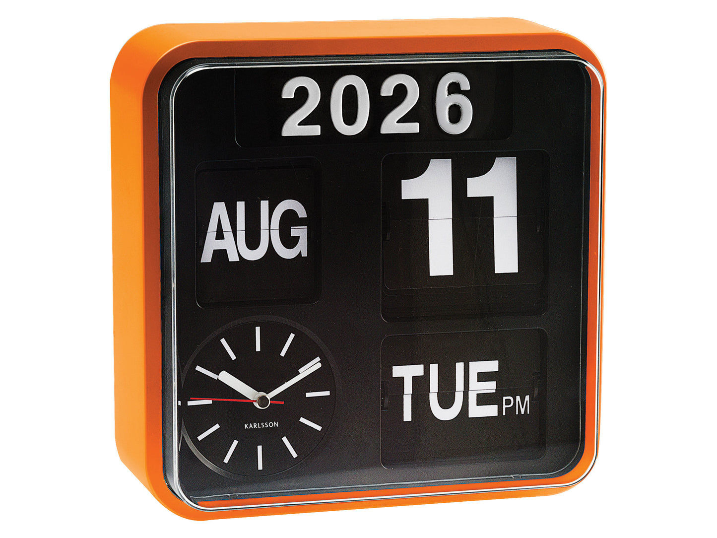 Mini-väggklocka med fällbara siffror, orange ram; visning 2026, AUG, TUE PM, visarklocka