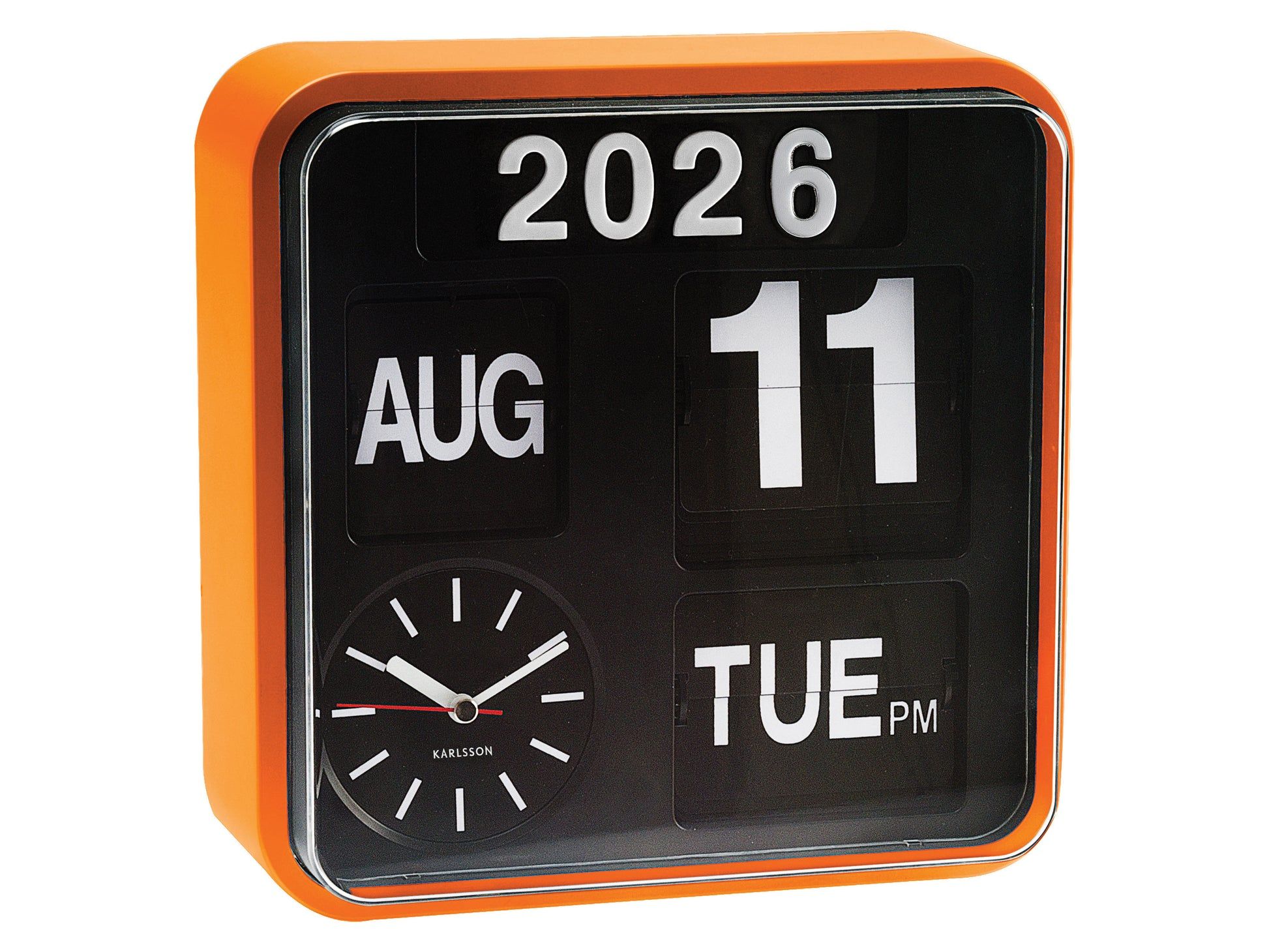 Mini-väggklocka med fällbara siffror, orange ram; visning 2026, AUG, TUE PM, visarklocka