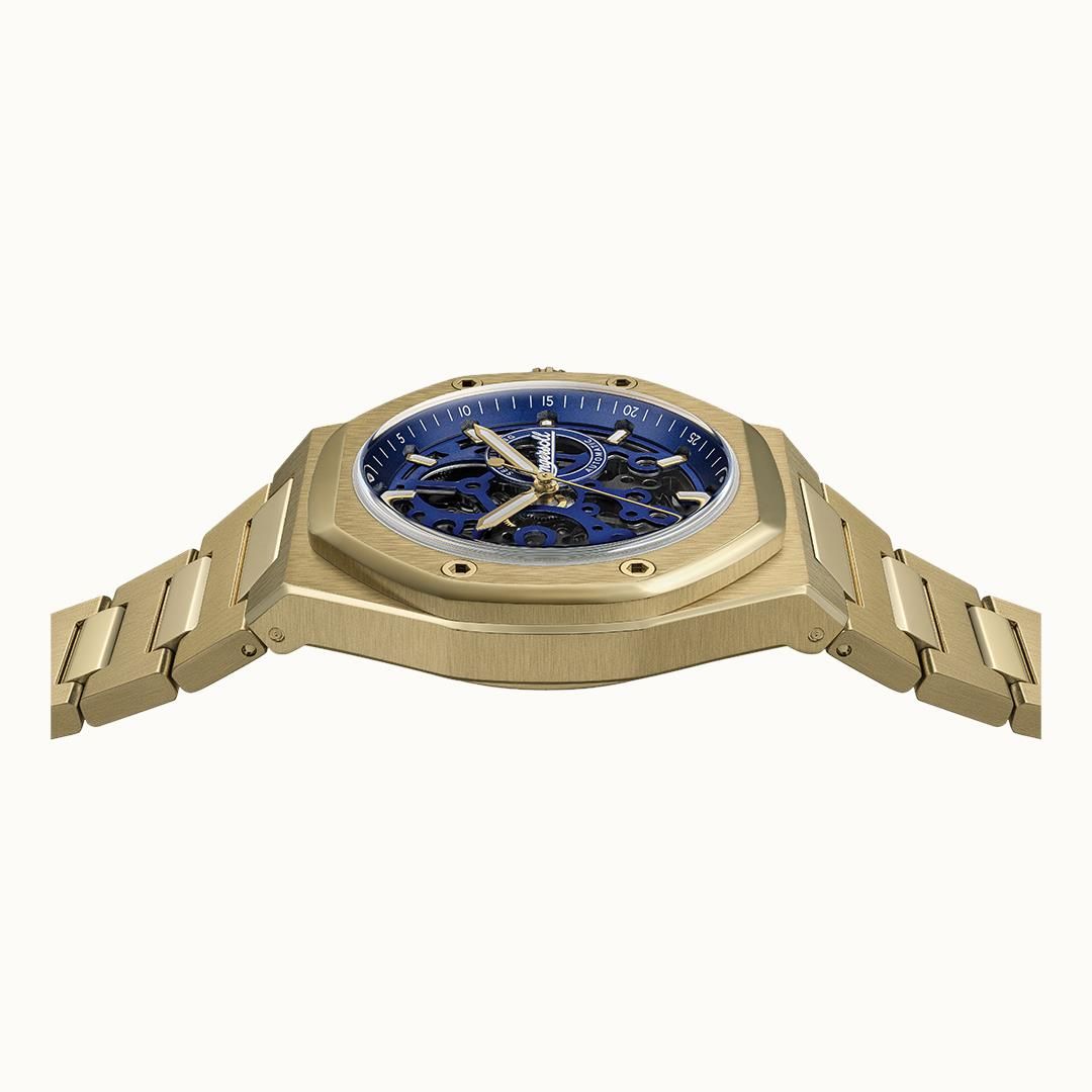 Herren-Armbanduhr mit blauem Zifferblatt und sichtbarer Mechanik, Goldgehäuse