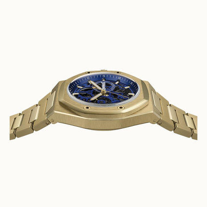 Herren-Armbanduhr mit blauem Zifferblatt und sichtbarer Mechanik, Goldgehäuse