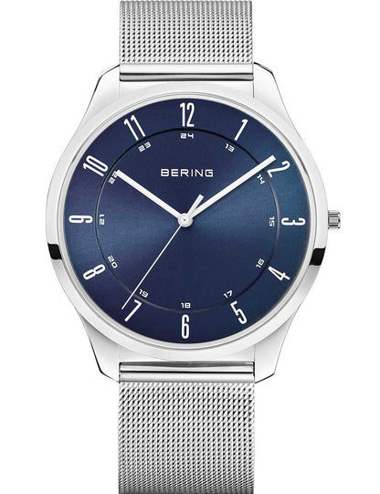 Herrenarmbanduhr Bering mit blauem Zifferblatt und silbernem Metall-Mesharmband, rundes Gehäuse