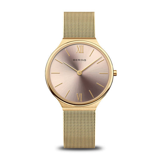 Bering Damenuhr: roségoldenes Milanaise-Armband, rundes Zifferblatt mit römischen Ziffern