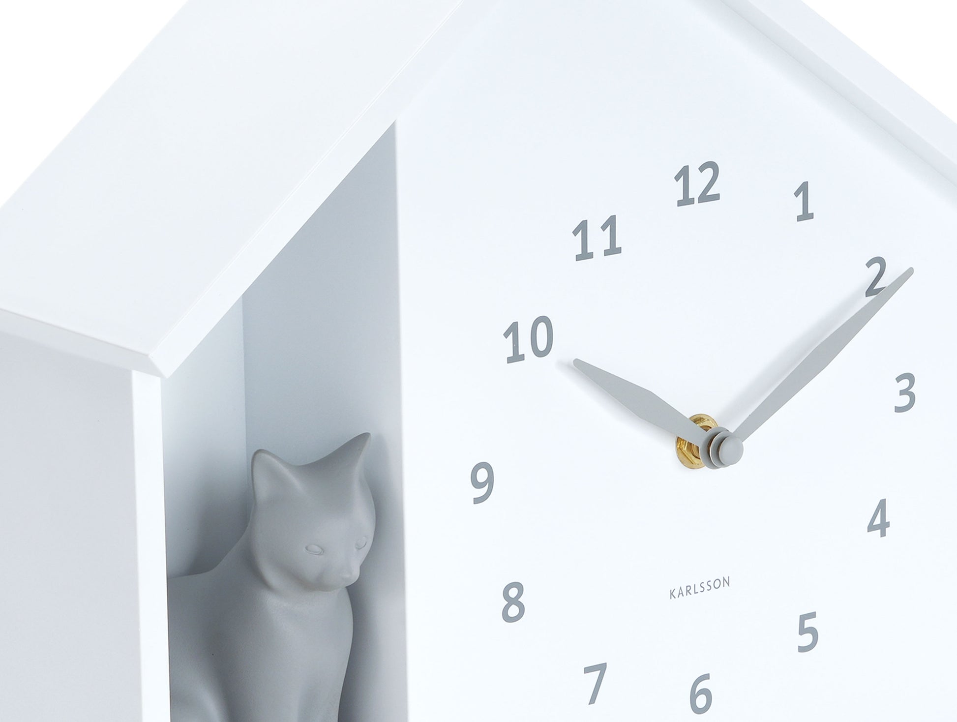 Väggklocka i kattens hus, vit, närbild av katt och visare