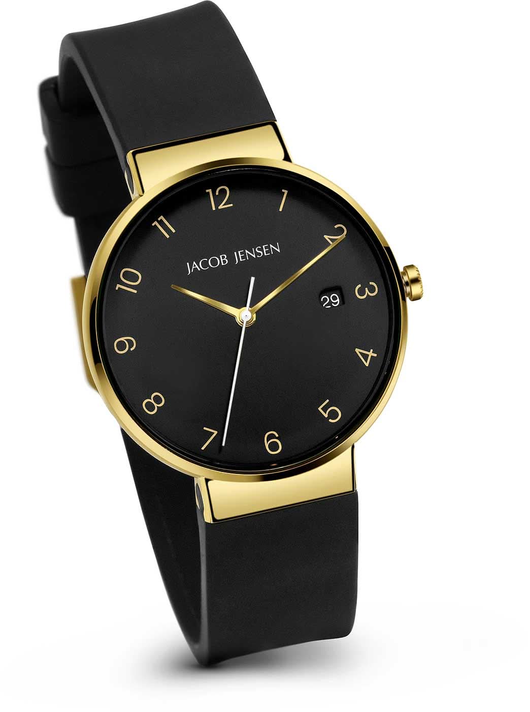 Unisex-klocka, snett: svart urtavla, guldfärgad boett, svart silikonarmband