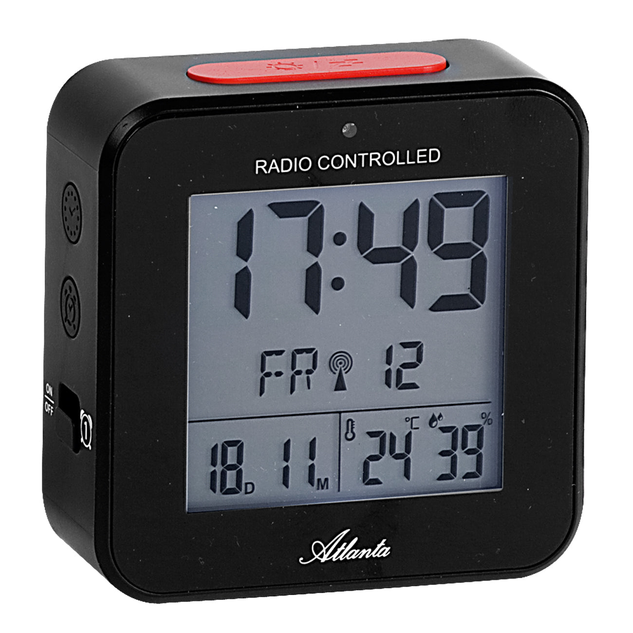 Funkwecker med svart hölje och digital display för tid, datum, temperatur & fuktighet