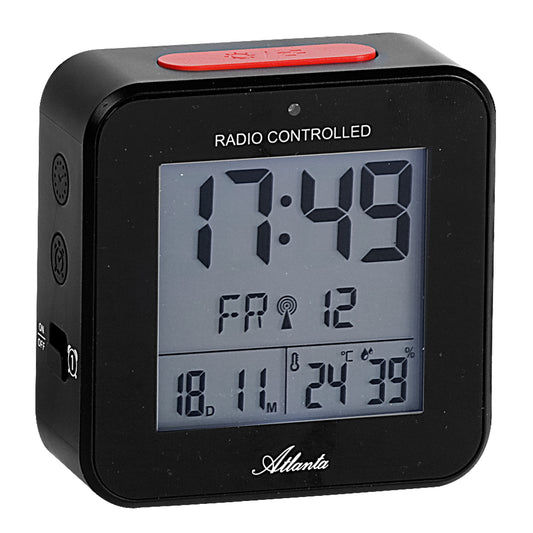 Funkwecker med svart hölje och digital display för tid, datum, temperatur & fuktighet