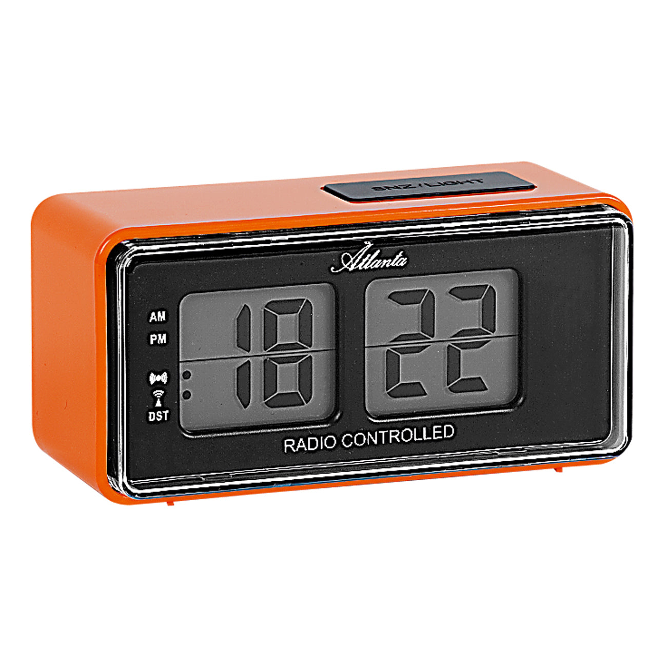 Retro-väckarklocka med orange hölje och stor digital display