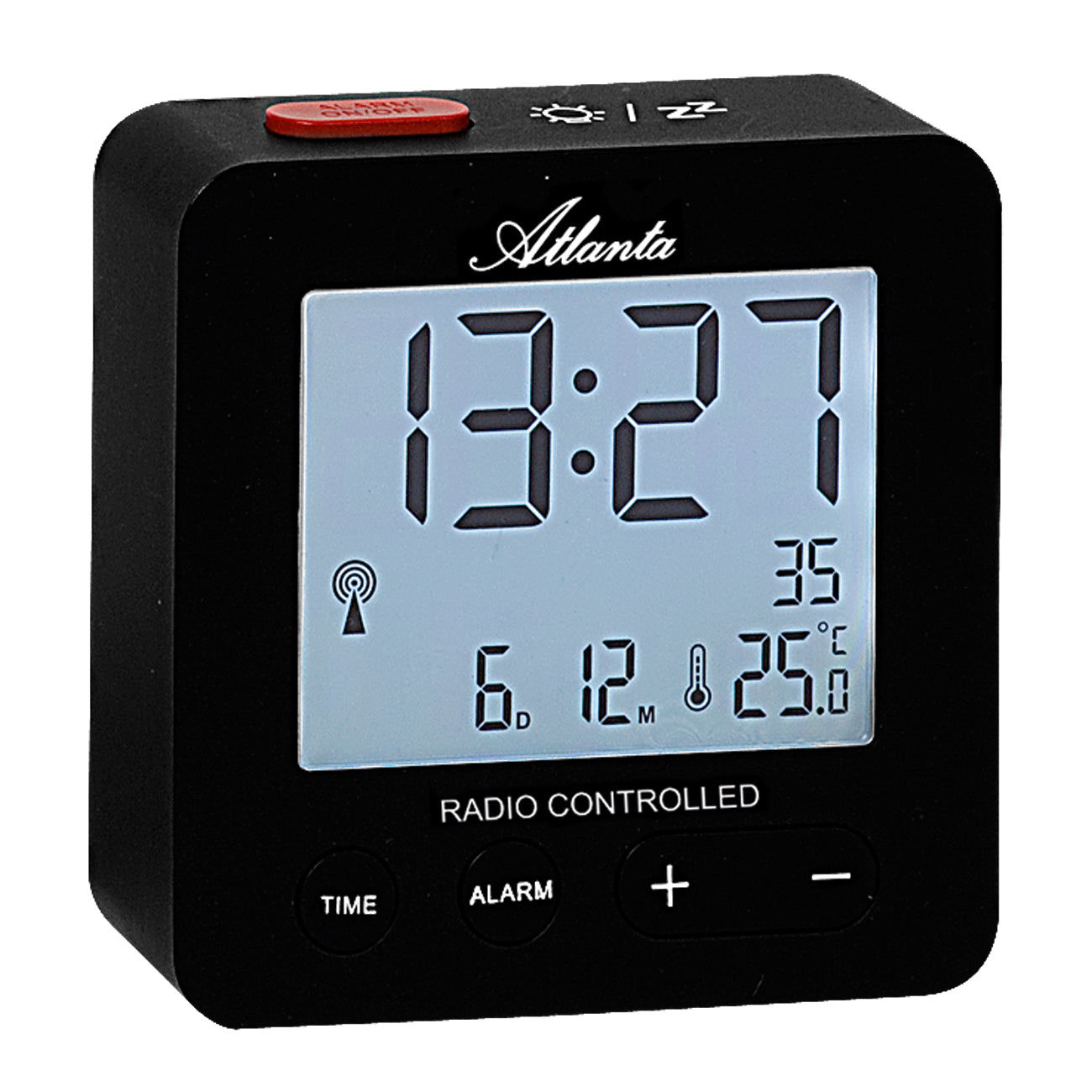 Svart radiostyrd väckarklocka med digital display, datum, temperatur och larmknappar