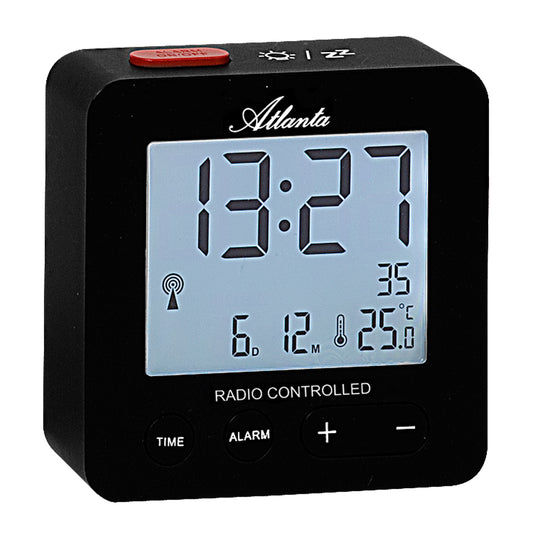 Svart radiostyrd väckarklocka med digital display, datum, temperatur och larmknappar