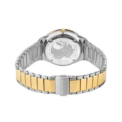 Damenuhr mit Klappverschluss, zweifarbigem Edelstahlband aus Silber und Gold