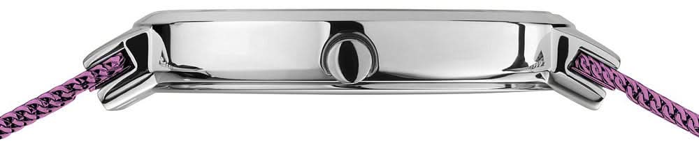 "Damklocka med boettprofil och krona, silverfärgad finish, lila milanesarmband"