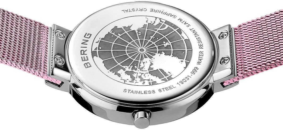Bering damklocka baksida med gravyr i rostfritt stål, rosafärgat Milanese-armband