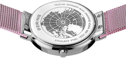 Bering damklocka baksida med gravyr i rostfritt stål, rosafärgat Milanese-armband
