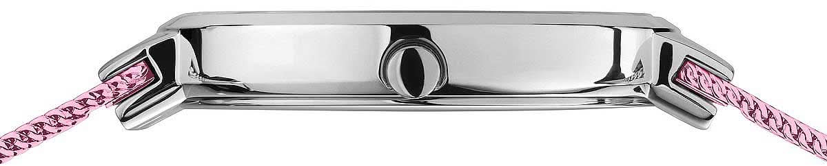 Bering damklocka: silverfärgad boettprofil med krona och fäste på rosa armband