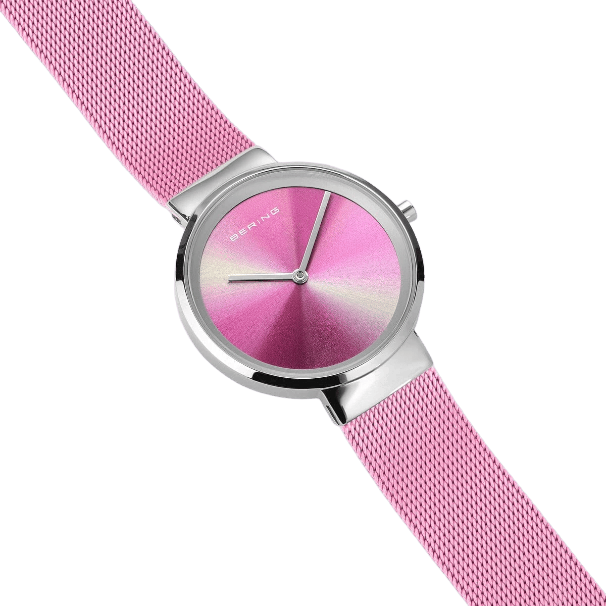 "Damklocka med rosafärgat milanesarmband, rund rosa urtavla och silverfärgade visare"