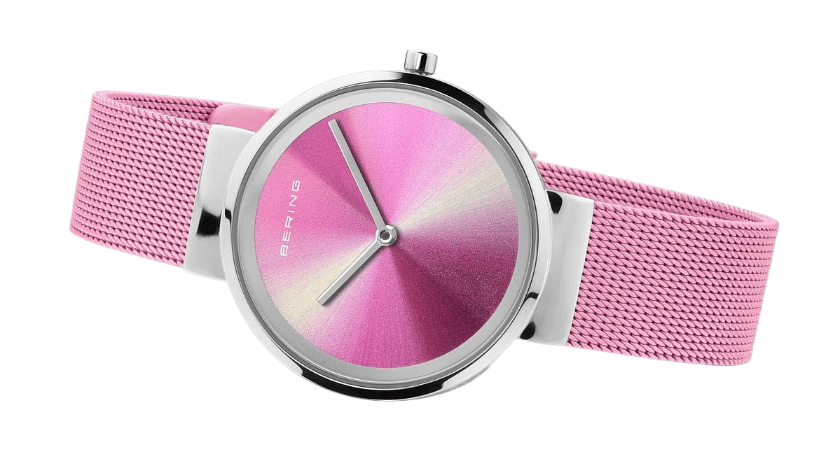 Damklocka med rosa mesharmband i milanaise, rund rosa urtavla och boett i tunn design
