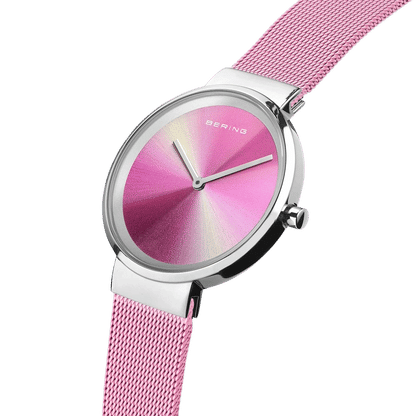 "Damklocka med rosa milanesarmband, rund urtavla i rosa"