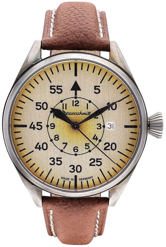 Messerschmitt herrur med brunt läderarmband, runt metallhölje och gul urtavla