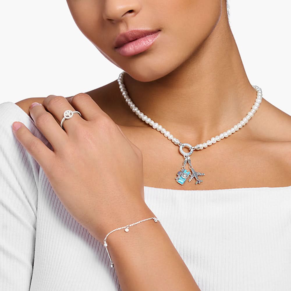 Flygplanshänge på pärlhalsband, 925 sterlingsilver med färgglada stenar