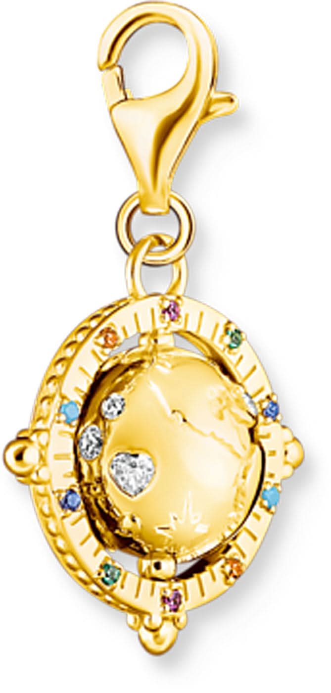 Världsklot-charm i gult guld med blå ring, strass och ögla.