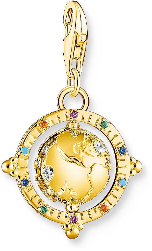 Hänge med rund jordglob i gult guld, emalj och blå/lila strass.