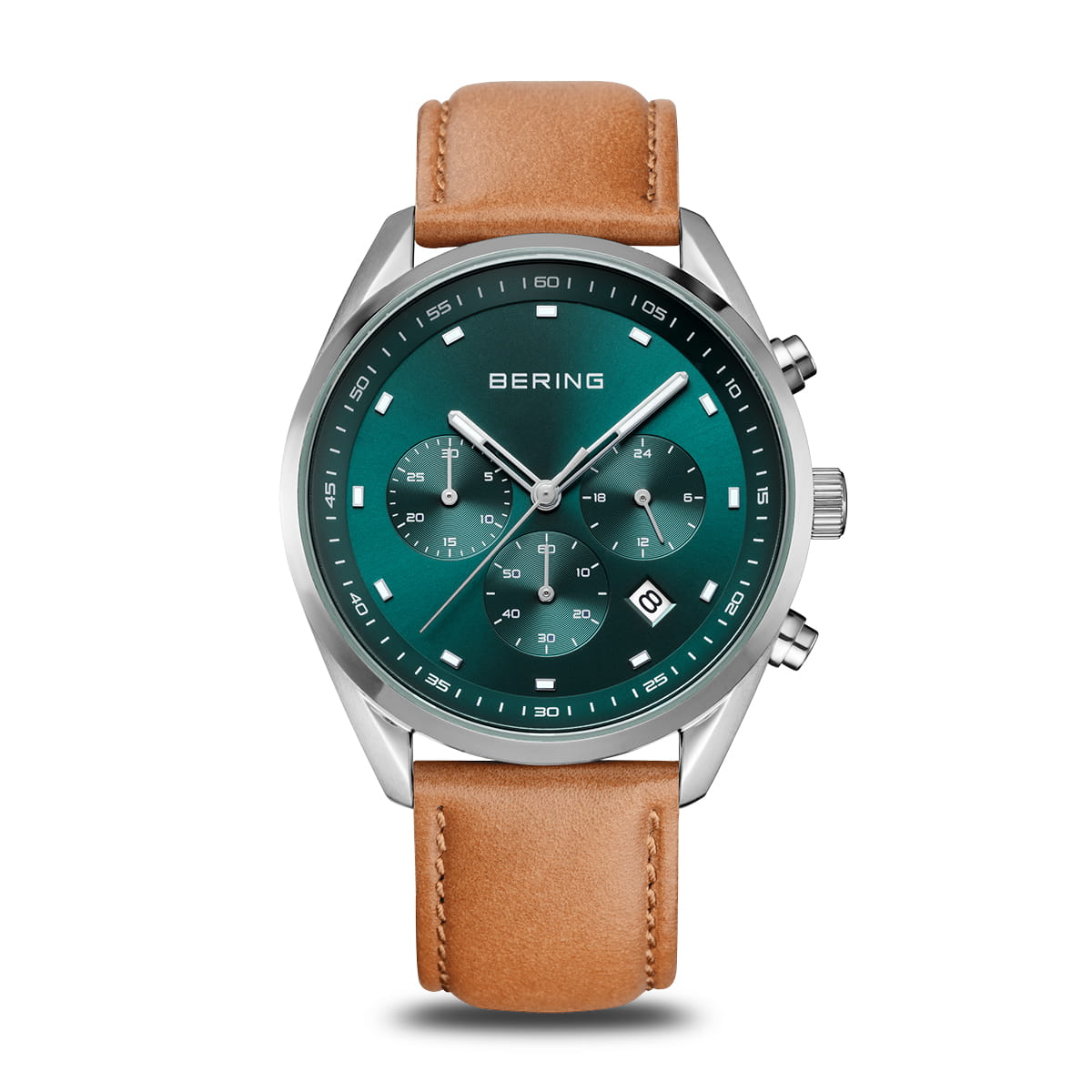 Bering Chronograph-Herrenuhr: grünes Zifferblatt, braunes Kalbslederarmband