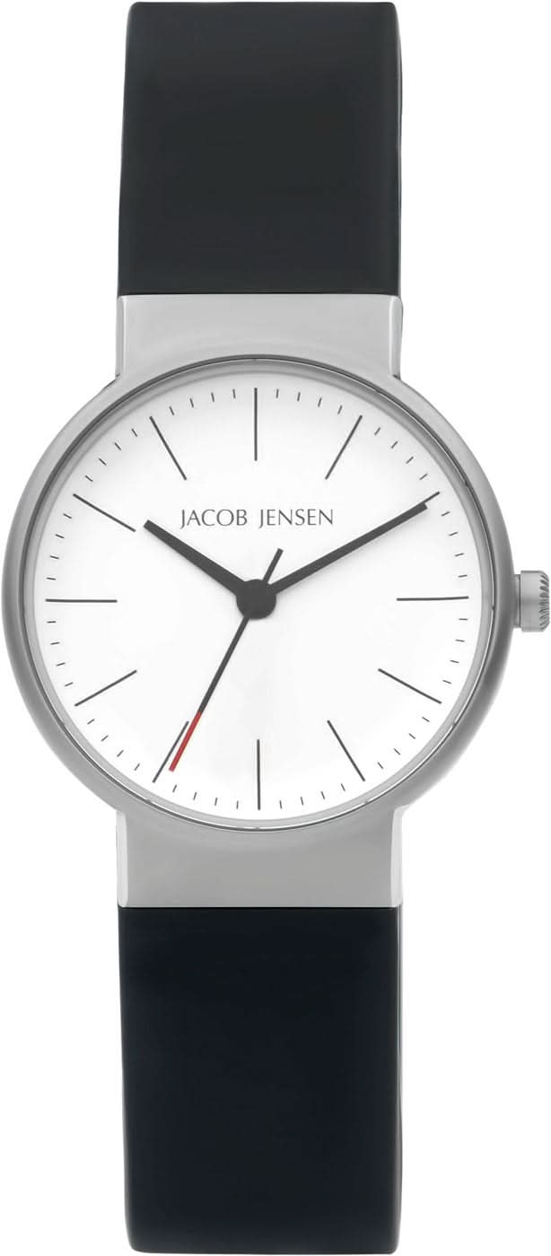 Jacob Jensen herrur med svart silikonarmband och silverfärgat hölje, vit urtavla