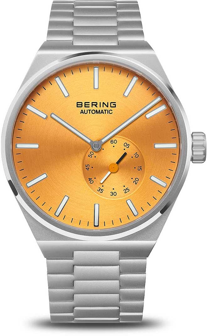 Herrklocka med orange urtavla och armband i silverfärgat rostfritt stål