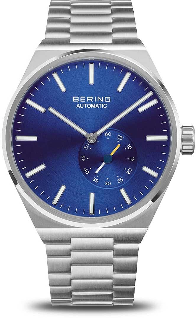 Armbandsur för herrar med blå urtavla, silverfärgat rostfritt stålarmband och Bering automatik