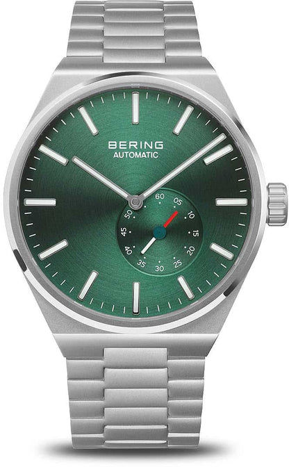 Herrklocka med grön urtavla, självlysande index och silverfärgat metallarmband