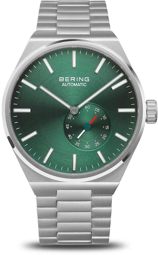 Herrklocka med grön urtavla, självlysande index och silverfärgat metallarmband