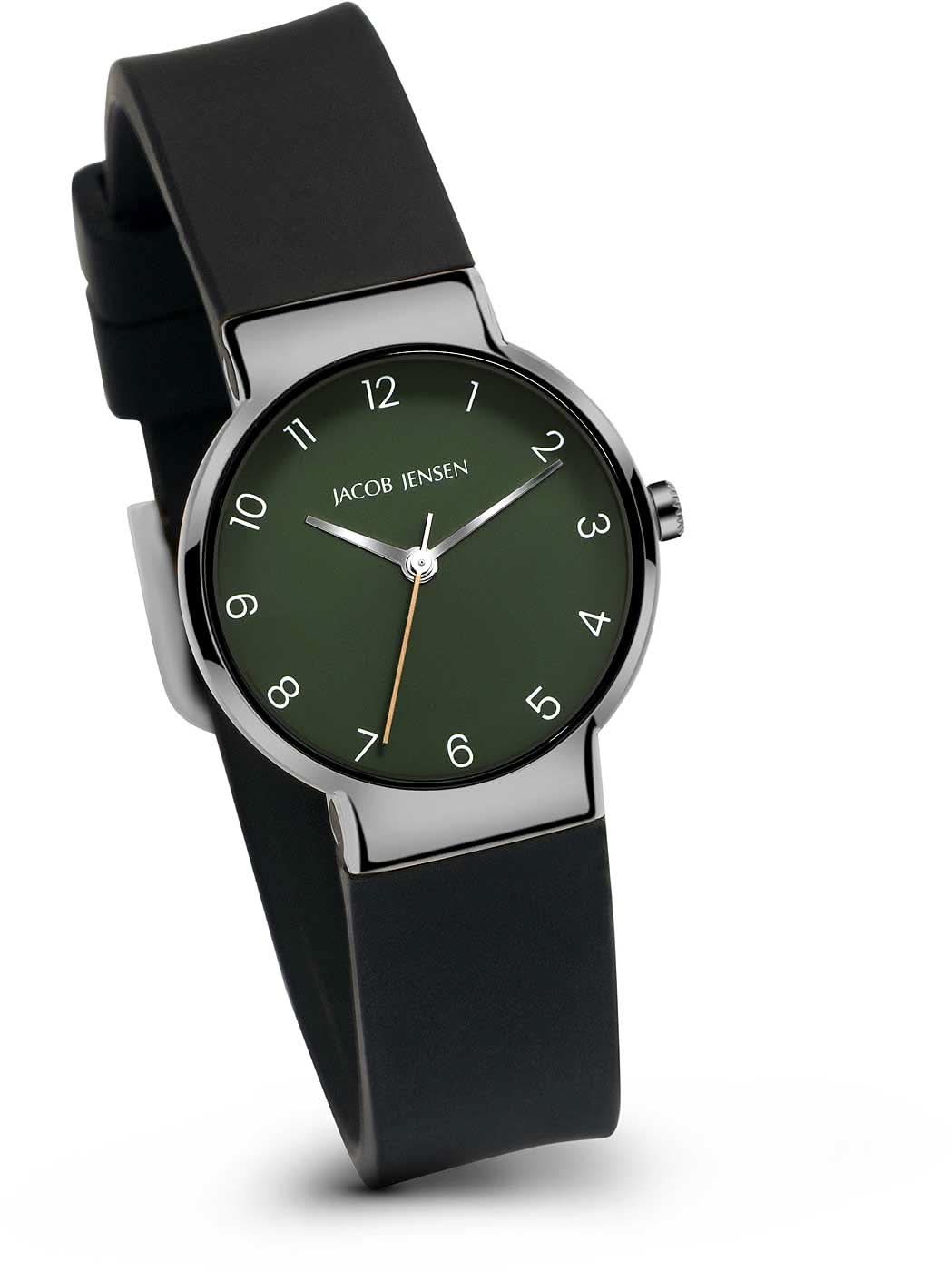 Jacob Jensen herrur med rund urtavla, grön urtavla och svart armband