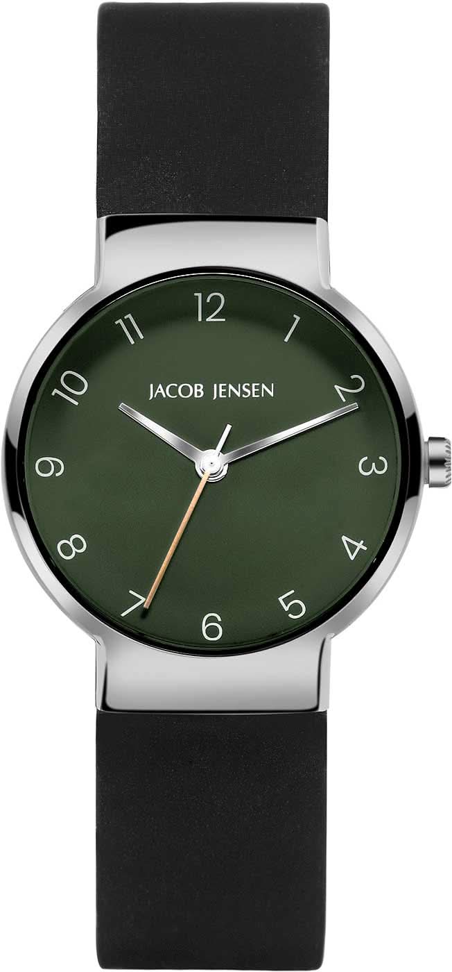 Jacob Jensen herrur med svart läderarmband och grön urtavla