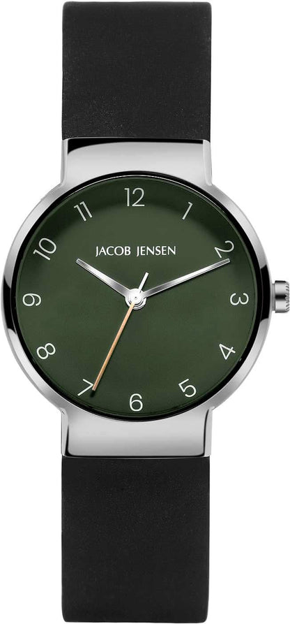 Jacob Jensen herrur med svart läderarmband och grön urtavla