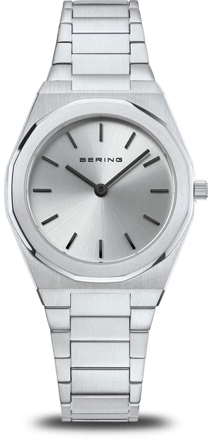 Bering damklocka med silverfärgat metallarmband, urtavla och indexmarkeringar