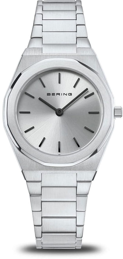 Bering damklocka med silverfärgat metallarmband, urtavla och indexmarkeringar
