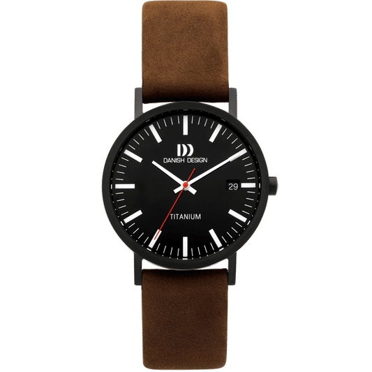 Armbanduhr: schwarzes Zifferblatt, braunes Lederarmband, Titangehäuse, roter Akzentzeiger