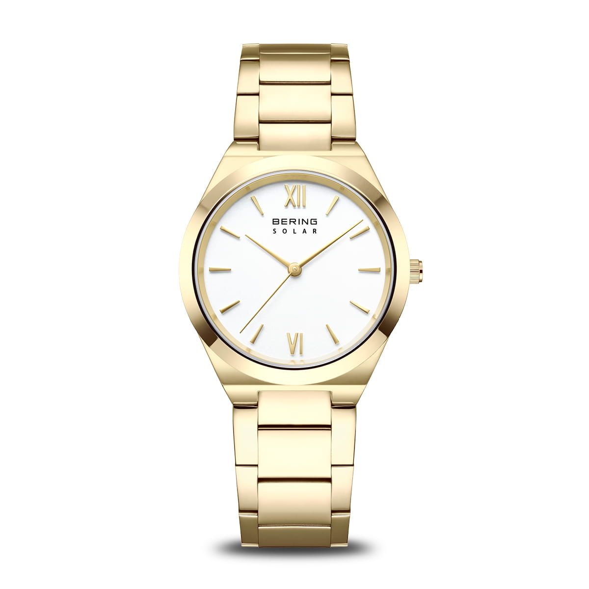 Damenuhr Bering Solar mit goldfarbenem Metallarmband und weißem Zifferblatt, römische Ziffern