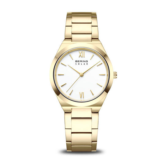Damenuhr Bering Solar mit goldfarbenem Metallarmband und weißem Zifferblatt, römische Ziffern
