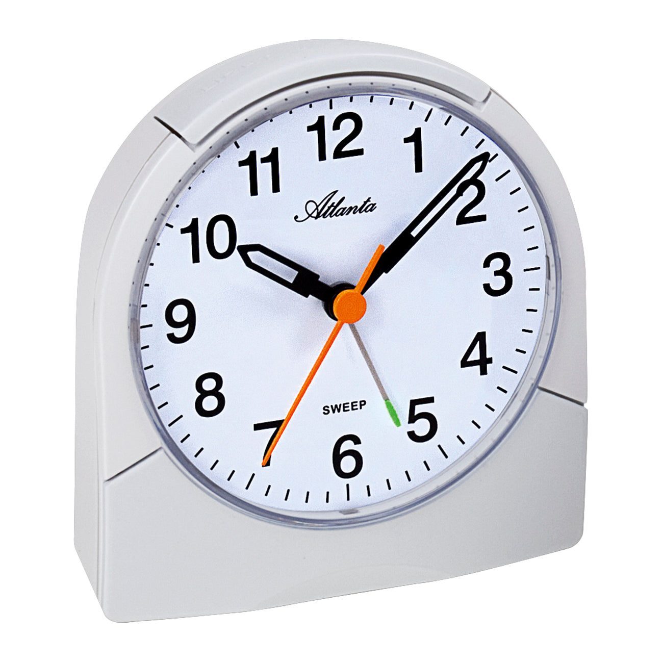 Atlanta väckarklocka med vitt hölje och analog urtavla, orange sekundvisare.